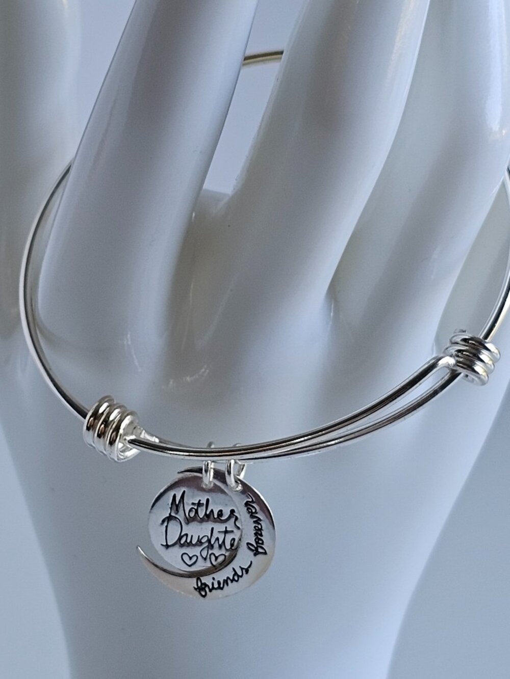 Sterling Silver Mother Daughter Friends Charm Bangle Bracelet 7.5” Sentimental G